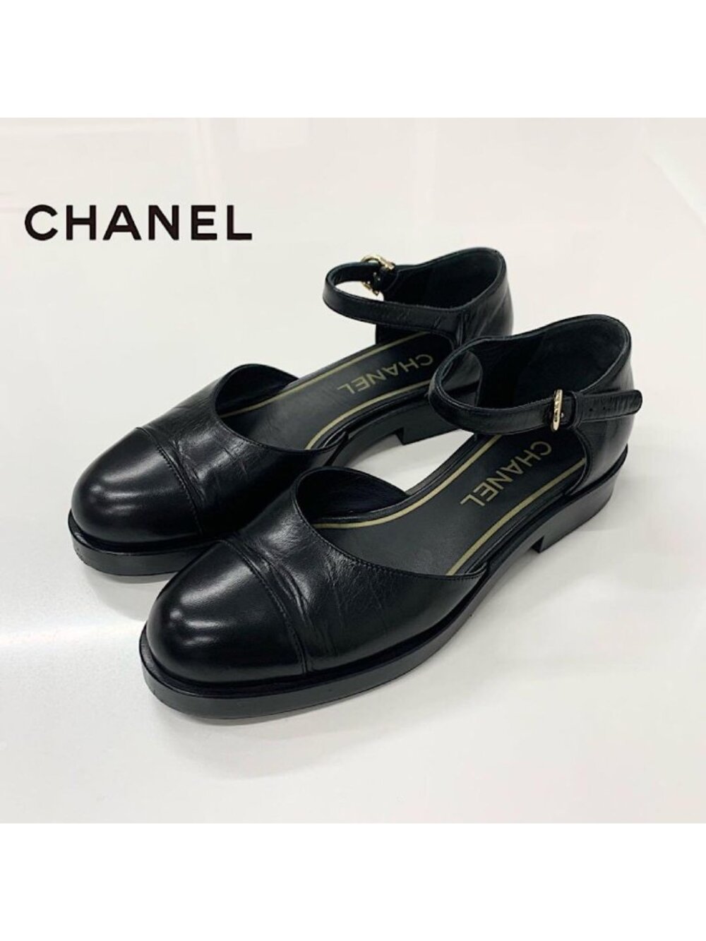 Chanel CC Logo Leather Strap Pumps Black Heels